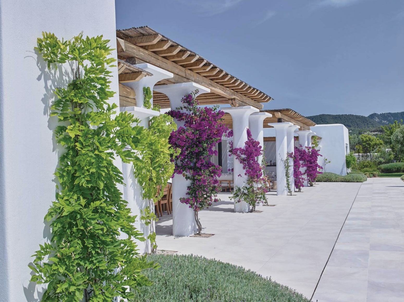 Blakstad villa op Ibiza met witgekalkte muren, houten pergola's, klimmende bougainvillea en aangelegde tuinen.